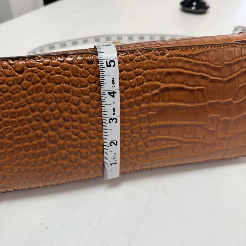 Croc Embossed Brown Faux Leather Clutch Purse Cutout Handle Shoulder Bag - Picture 13 of 16
